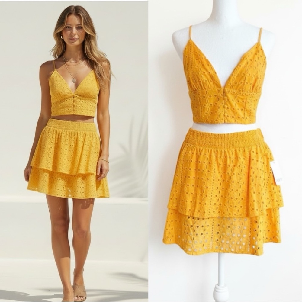 NWT BAR Ill Yellow Orange Island Breeze Eyelet Crop Top Tiered Ruffled Skirt Set